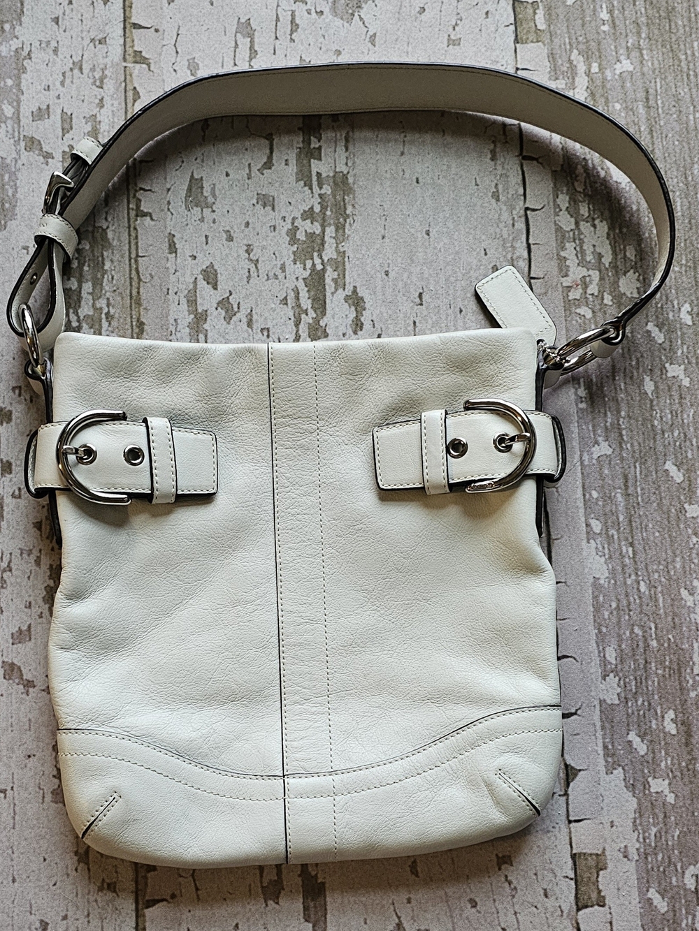 Small Coach White Leather Shoulder Bag with Buckle Accents